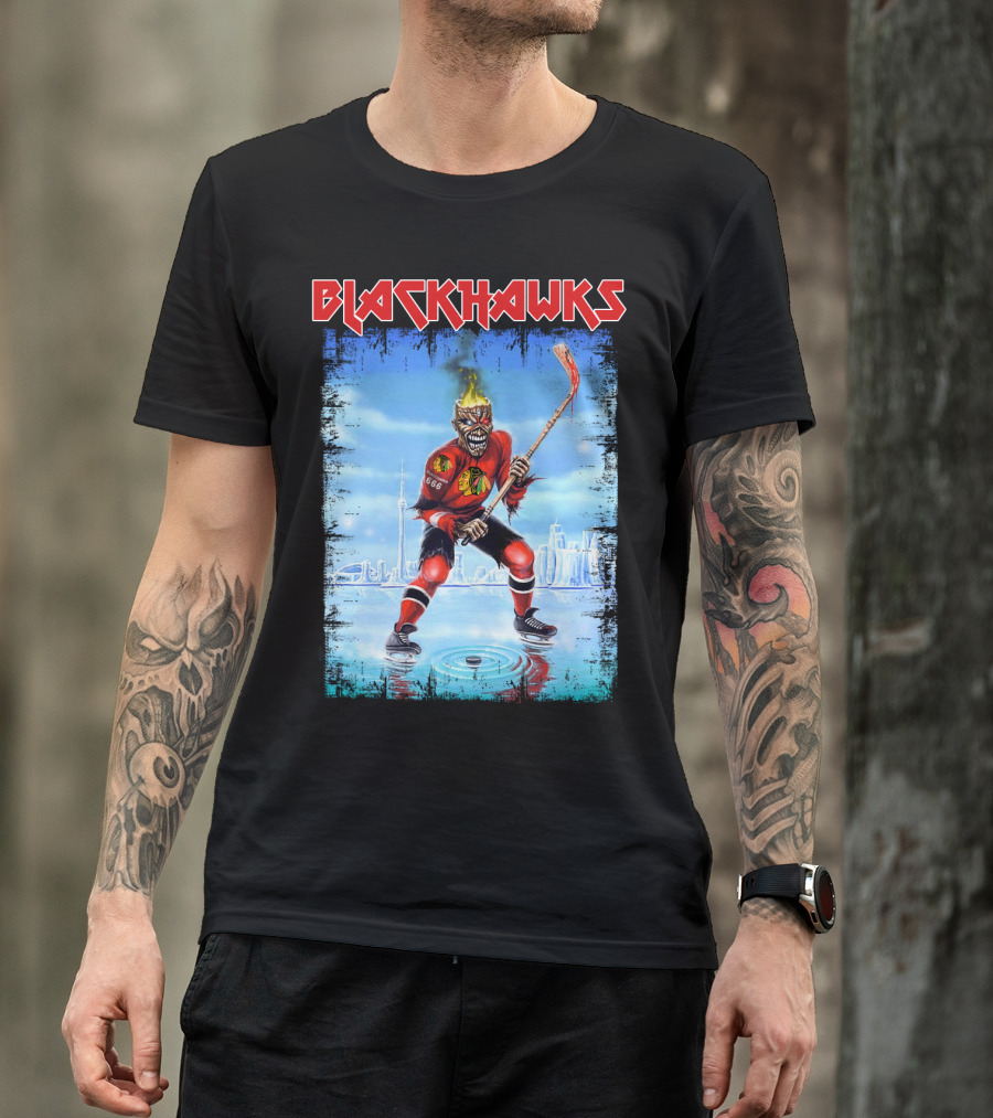Blackhawks Chicago Ice Hockey Skeleton Figure Skating On Cityscape T-Shirt