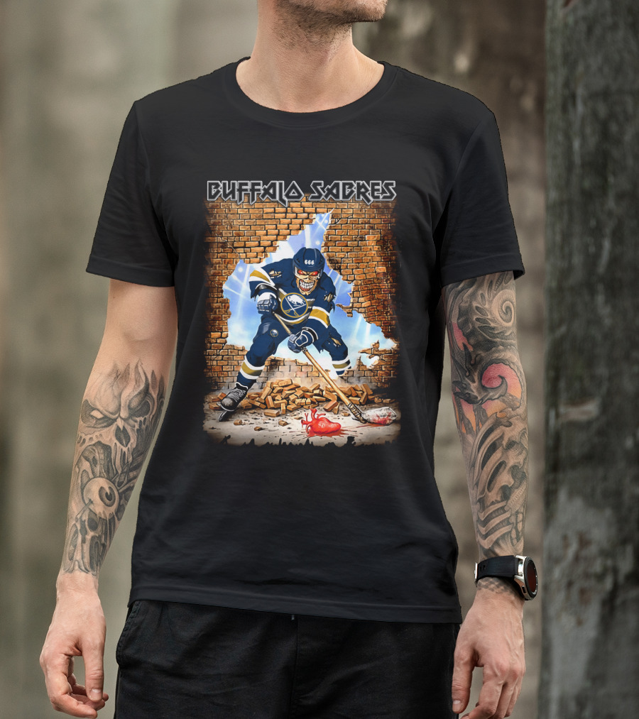 Buffalo Sabres Skeleton Hockey Player Breaking Brick Wall T-Shirt