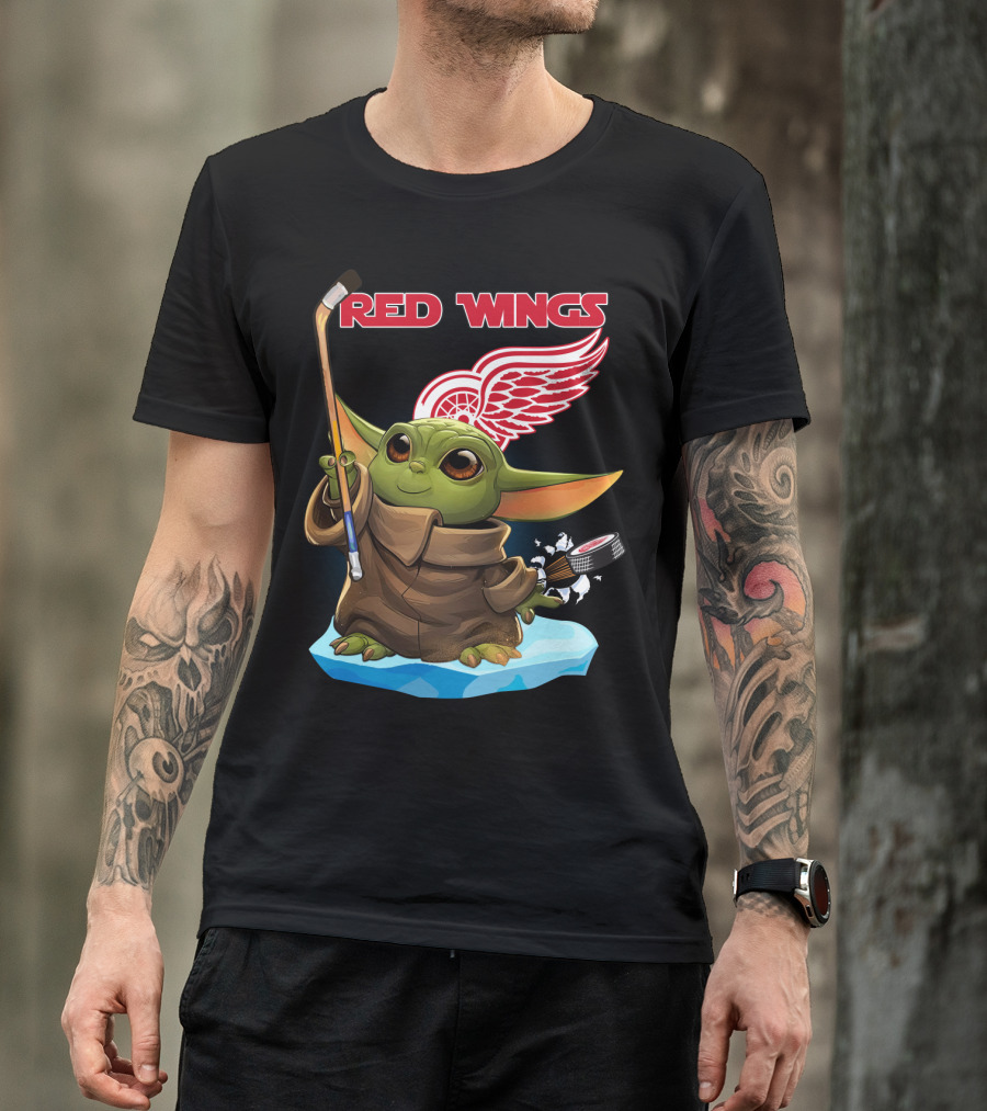 Red Wings Baby Yoda Hockey Stick NHL Frozen Puck T-Shirt