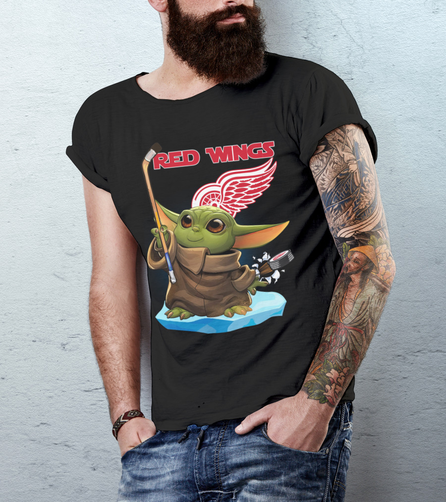 Red Wings Baby Yoda Hockey Stick NHL Frozen Puck T-Shirt