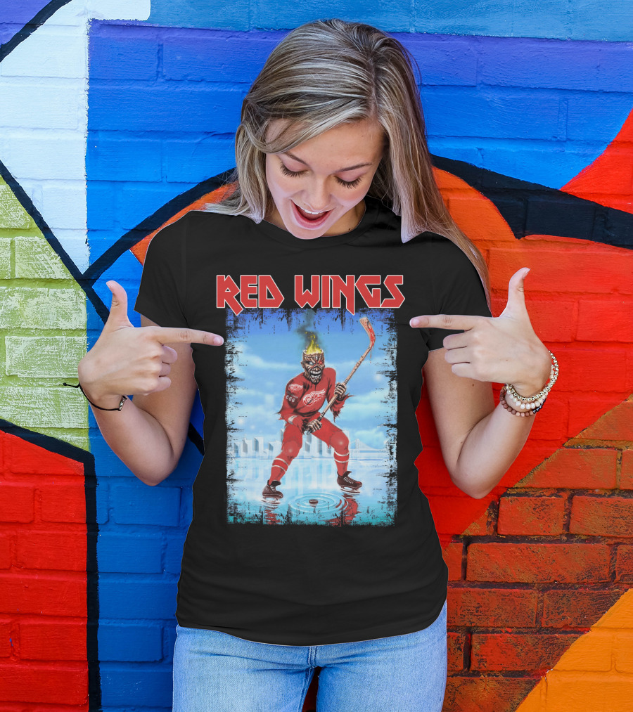 Red Wings Flaming Demon Hockey Player On Ice With Detroit Cityscape T-Shirt
