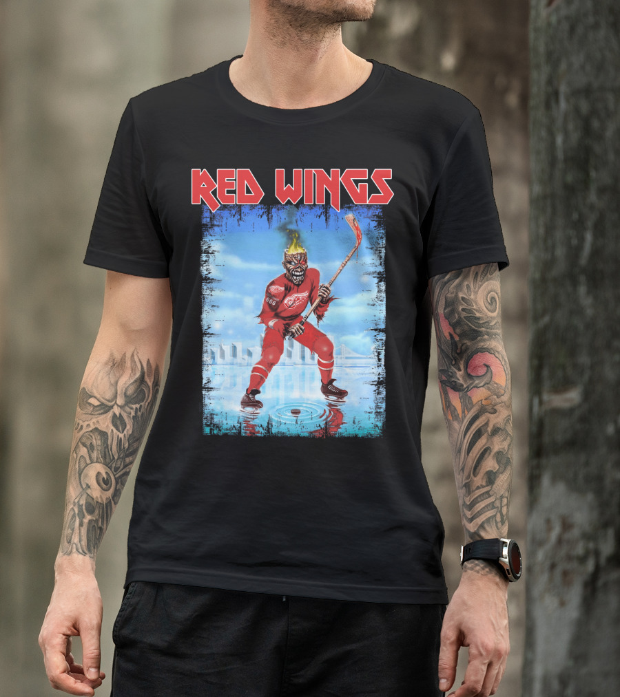 Red Wings Flaming Demon Hockey Player On Ice With Detroit Cityscape T-Shirt