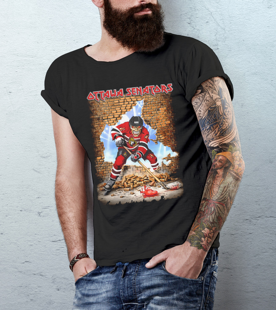 Ottawa Senators Hockey Skeleton Breaking Wall With 666 Helmet T-Shirt