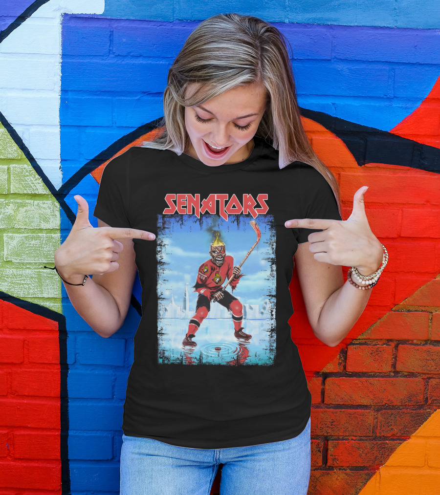 Senators Hockey Skeleton With Flaming Head And Hockey Stick T-Shirt
