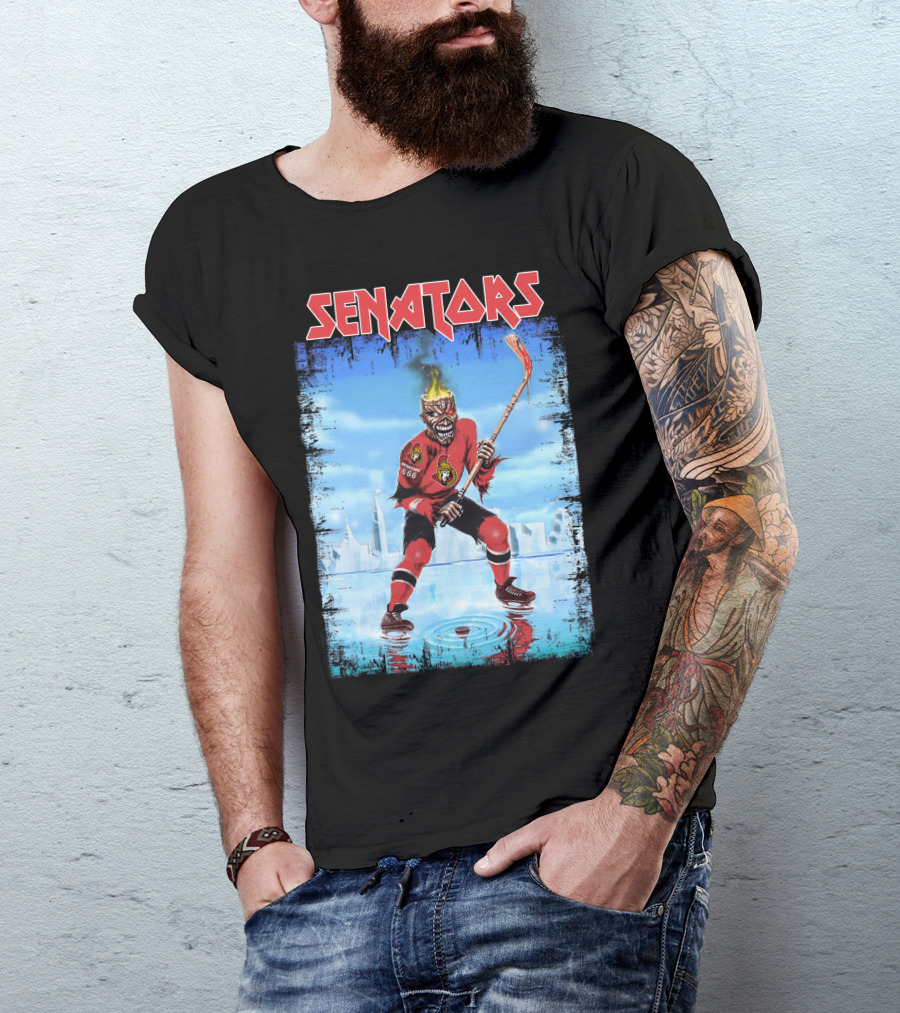 Senators Hockey Skeleton With Flaming Head And Hockey Stick T-Shirt