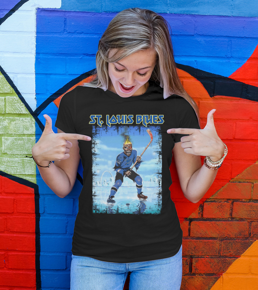ST. LOUIS BLUES Hockey Player With Fiery Head And Ice Arena Background T-Shirt