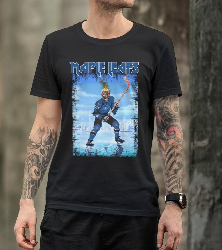 Maple Leafs Hockey Player With Fiery Skull And Hockey Stick On Ice In Front Of City Skyline T-Shirt