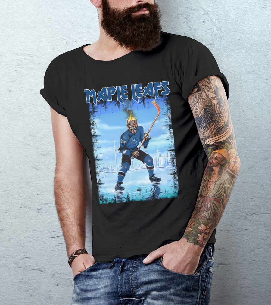 Maple Leafs Hockey Player With Fiery Skull And Hockey Stick On Ice In Front Of City Skyline T-Shirt