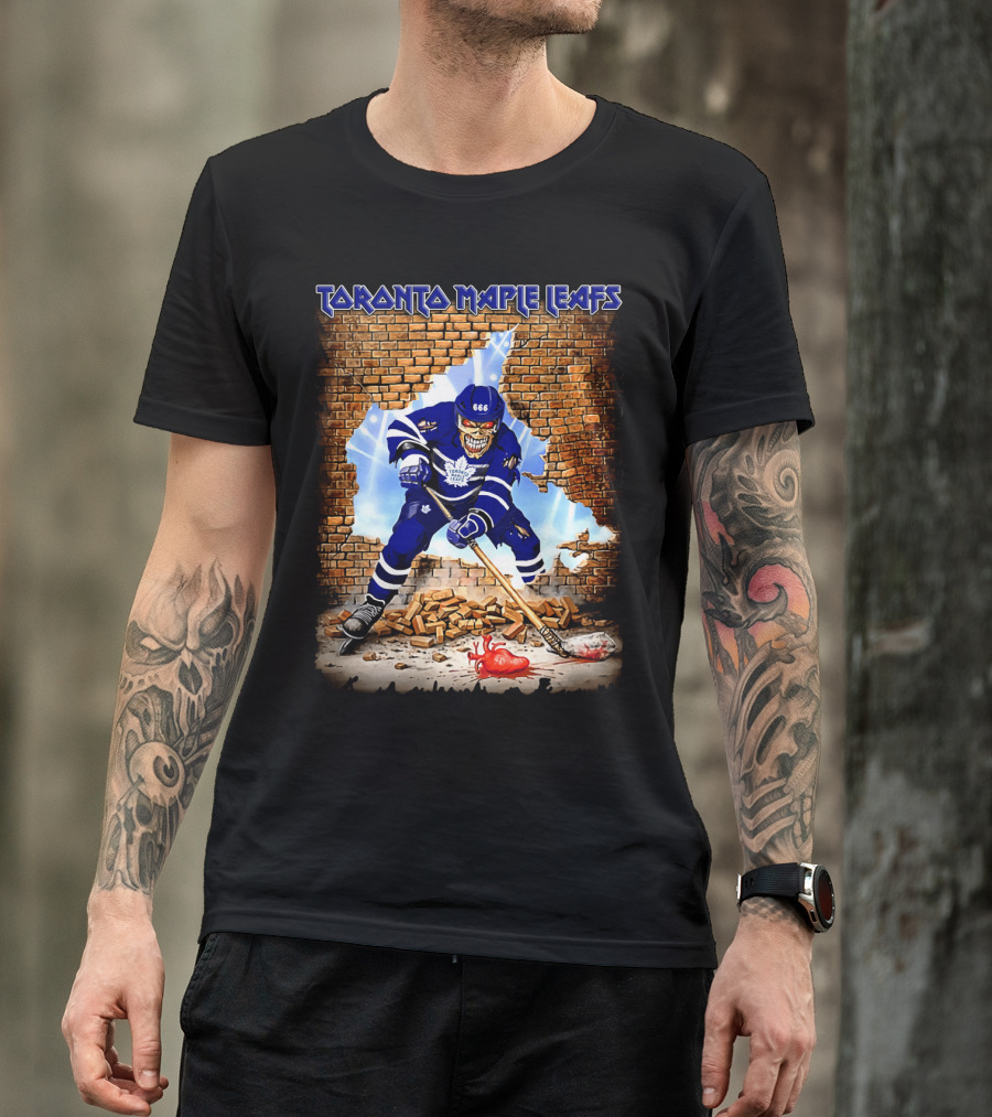 Toronto Maple Leafs Hockey Player Skeleton Breaking Brick Wall T-Shirt