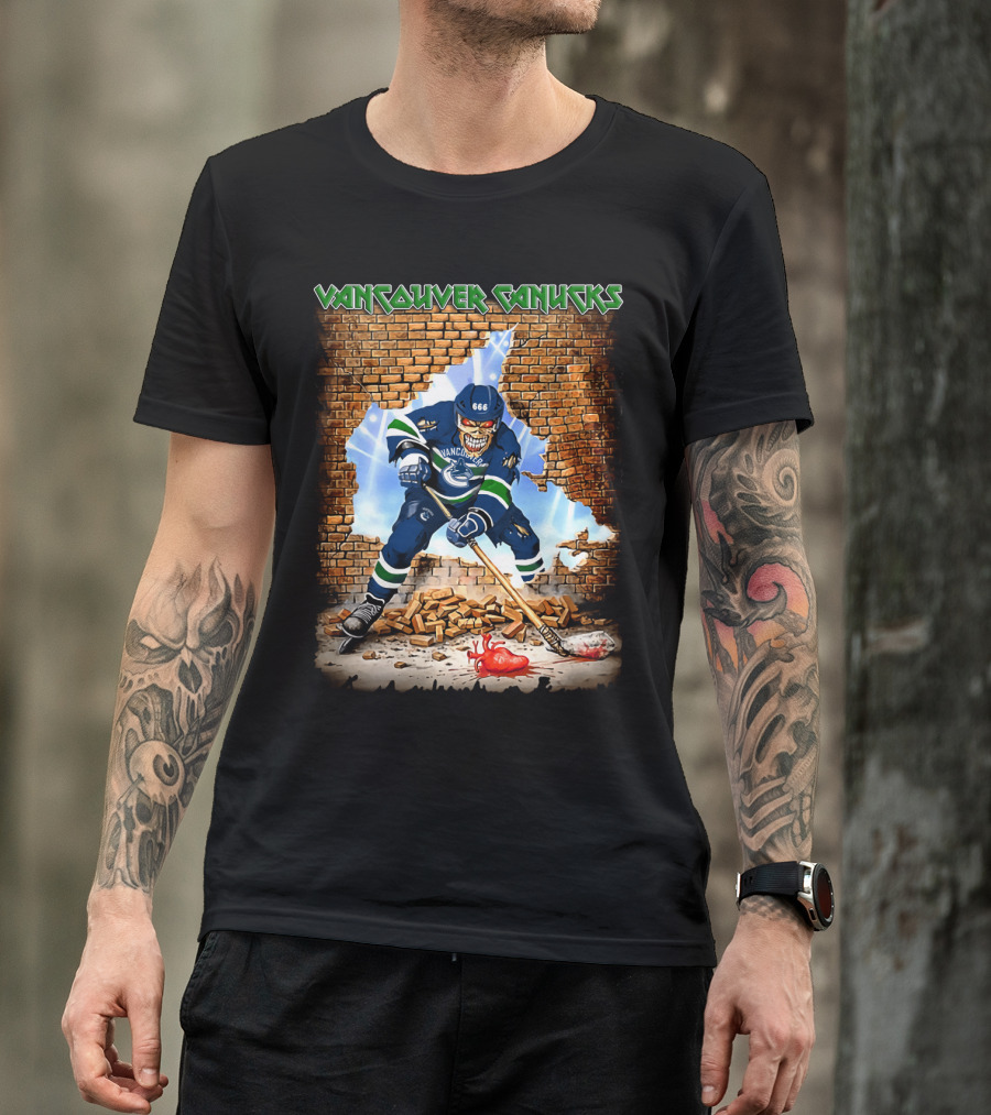Vancouver Canucks Hockey Player Breaking Through Wall With Skull Mask And 666 Helmet T-Shirt