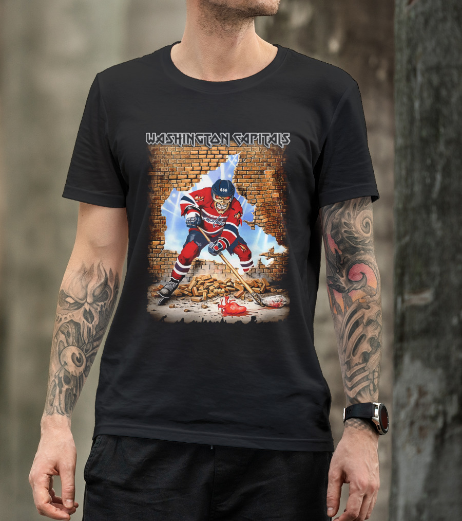 Washington Capitals Hockey Player Skull Brick Wall Artwork T-Shirt