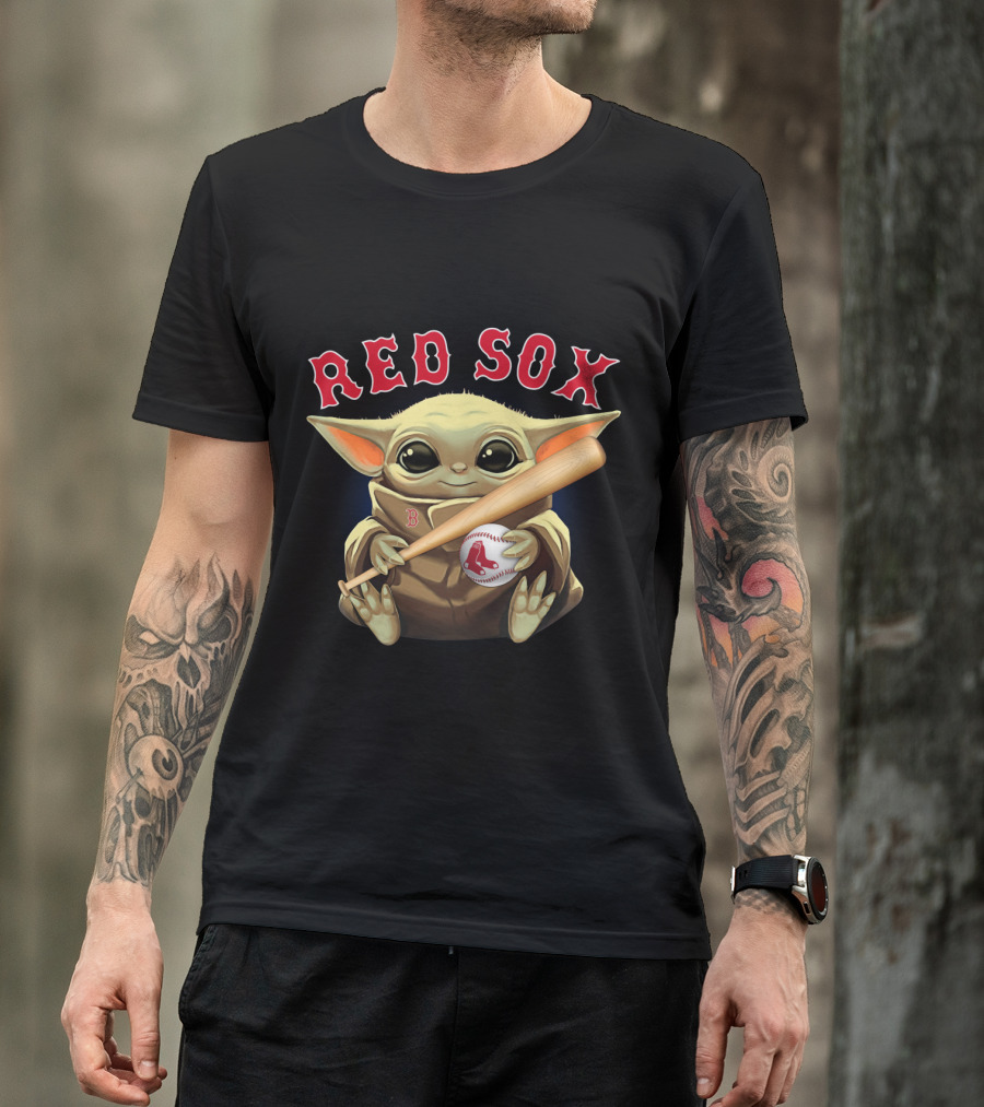 Boston Red Sox Baby Yoda Holding Baseball And Bat T-Shirt