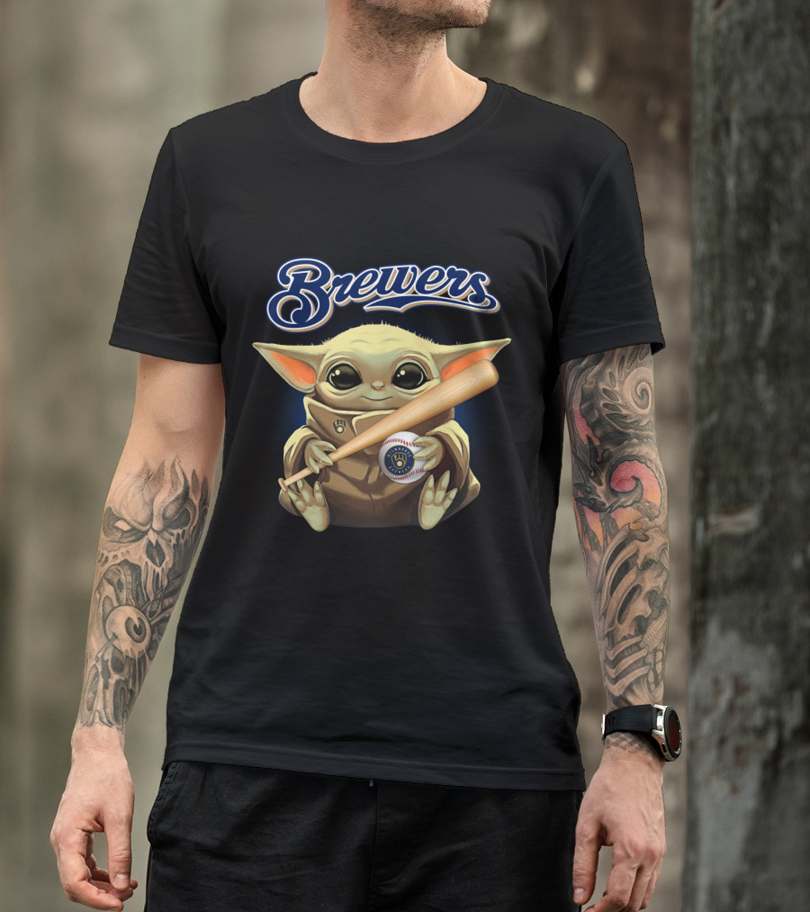 Milwaukee Brewers Baby Yoda Holding Baseball And Bat T-Shirt