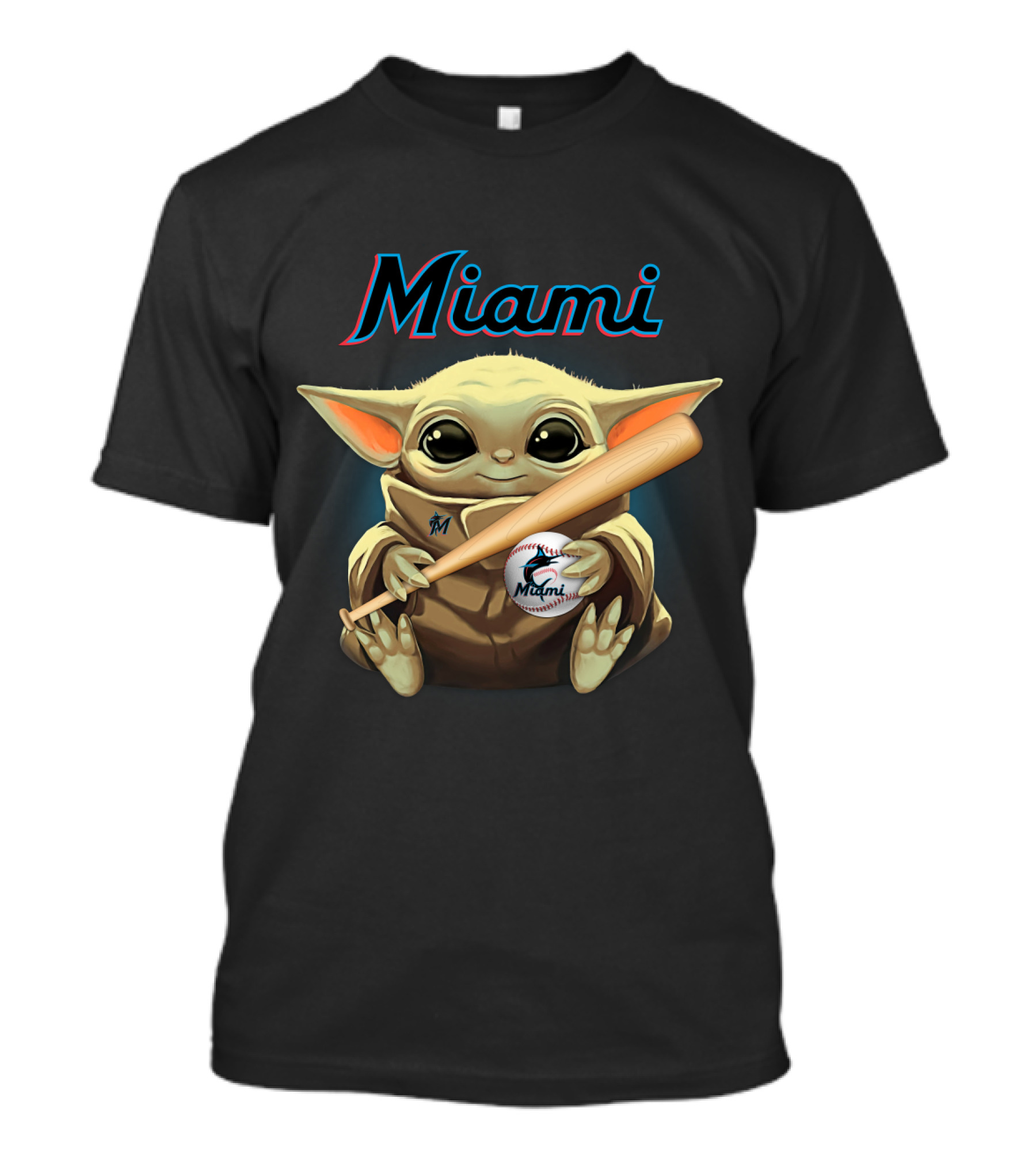 Miami Marlins Baby Yoda Baseball Bat And Ball T-Shirt