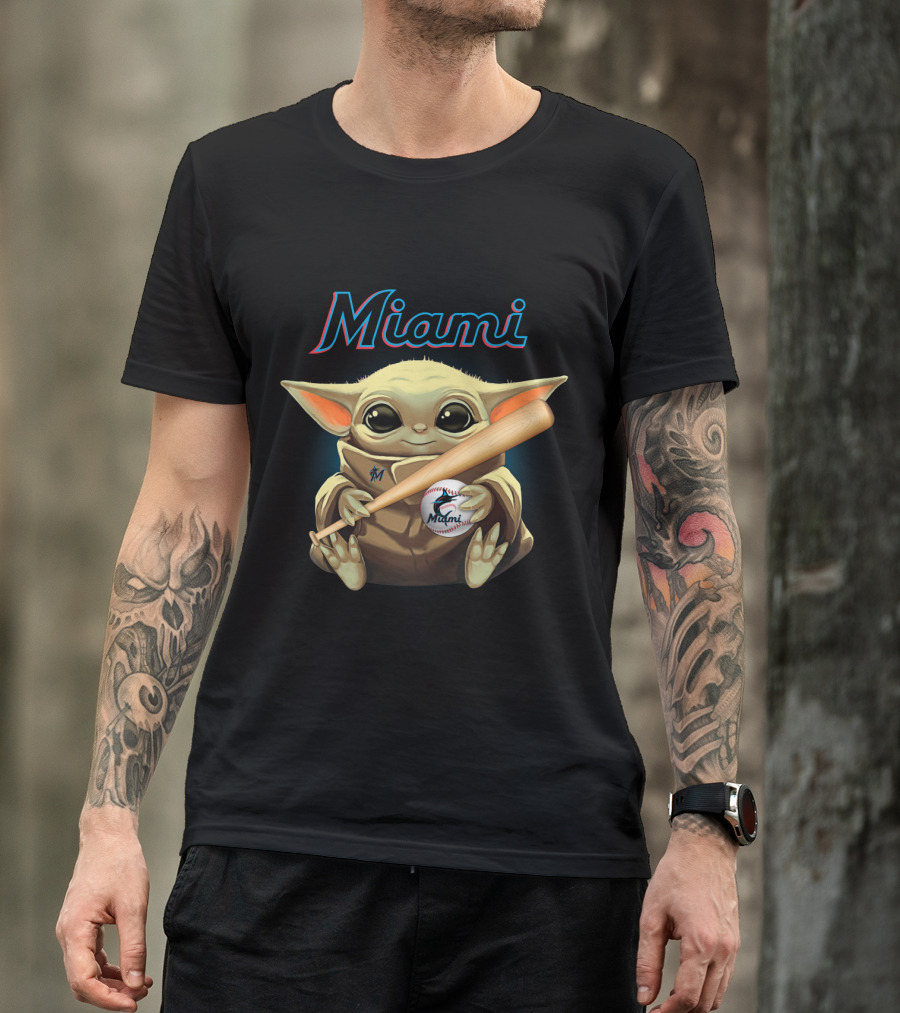 Miami Marlins Baby Yoda Baseball Bat And Ball T-Shirt
