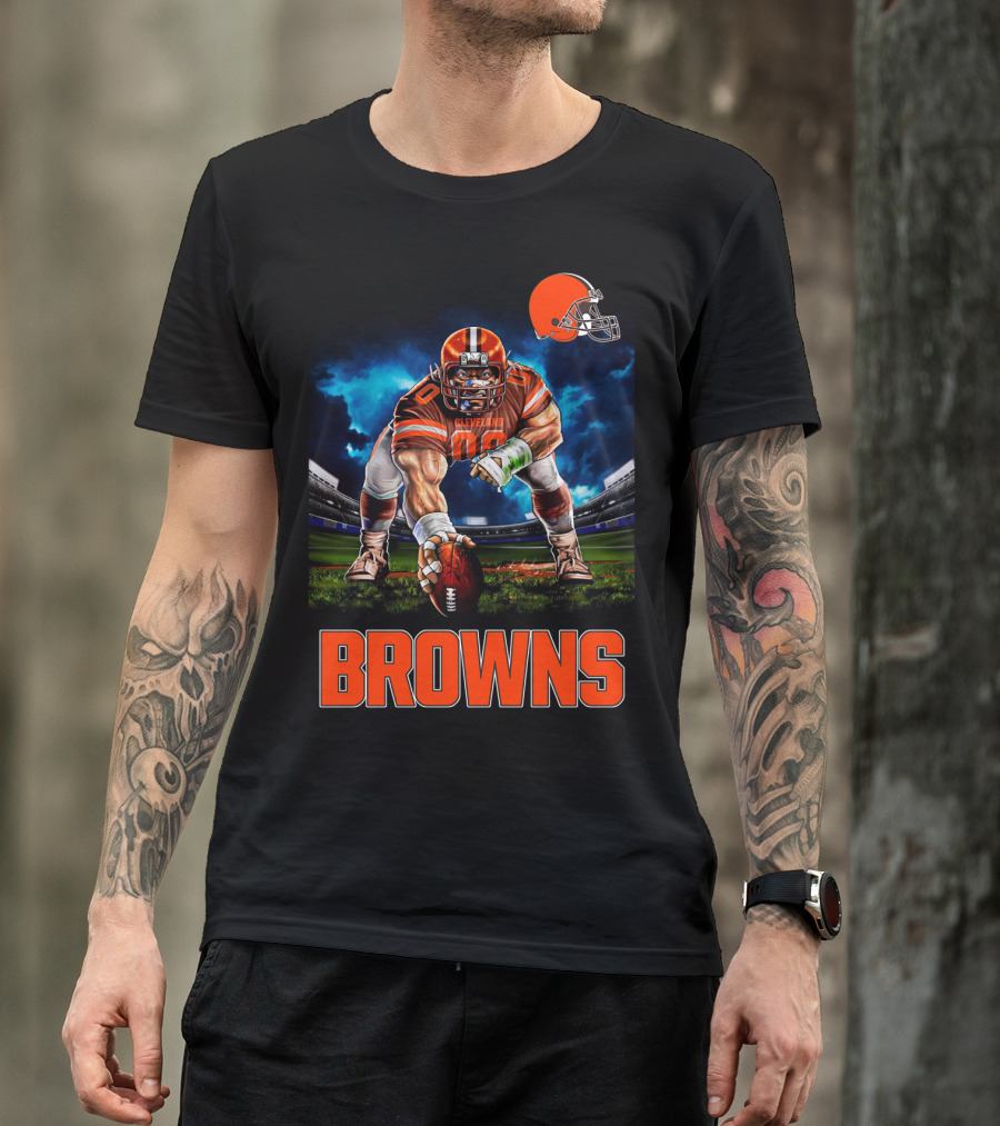 Cleveland Browns Nfl 3 Point Stance Football Player Stadium Scene T-Shirt