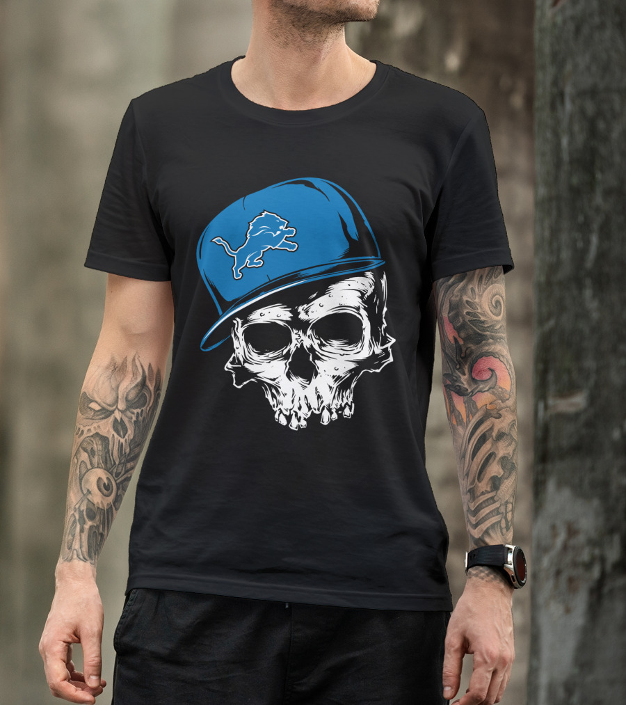 Detroit Lions Skull With Blue Cap Featuring Iconic Team T-Shirt