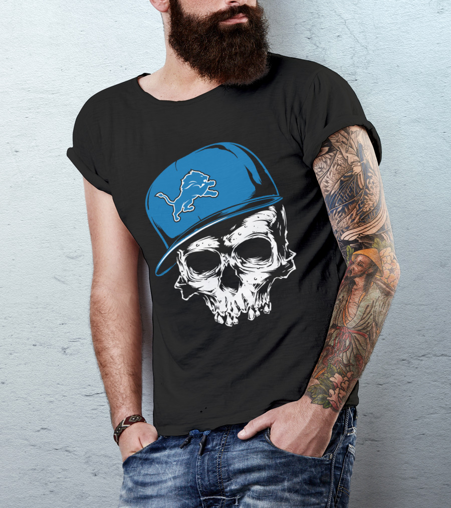 Detroit Lions Skull With Blue Cap Featuring Iconic Team T-Shirt