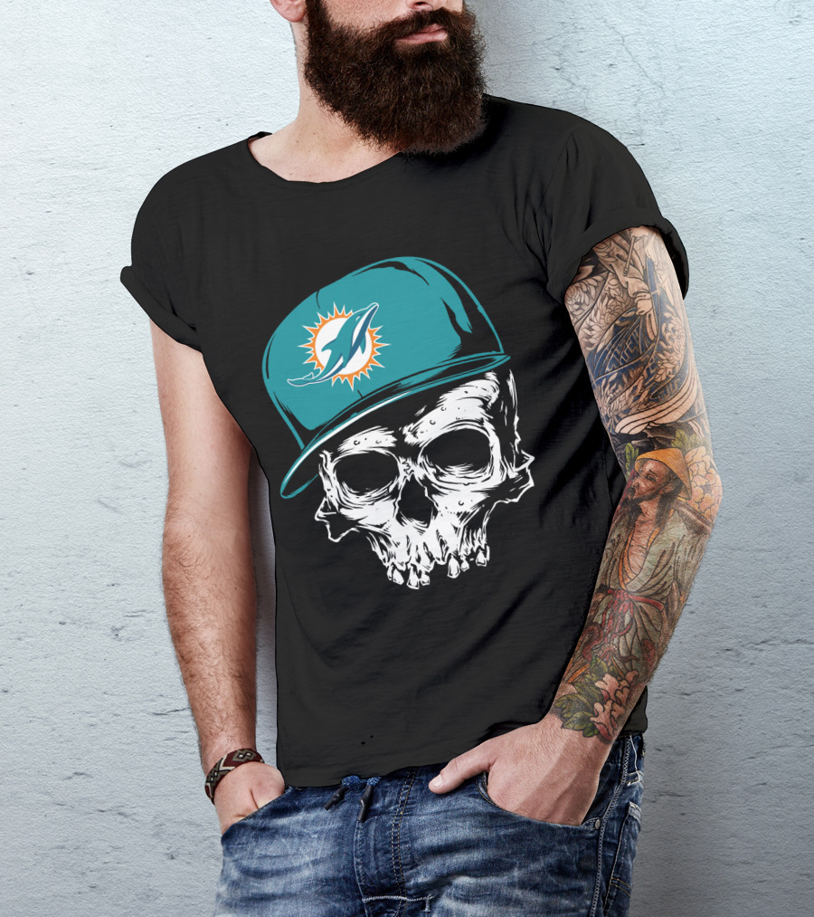 Miami Dolphins Skull With Teal Hat T-Shirt