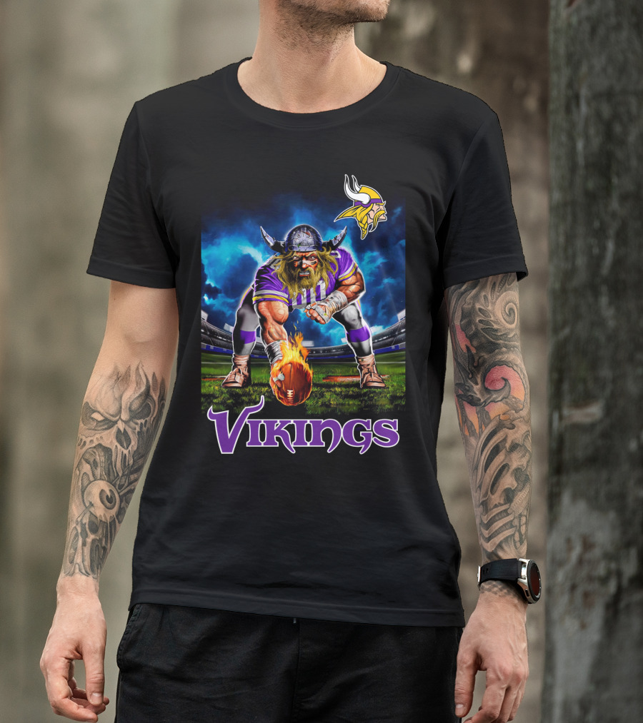 Minnesota Vikings 3 Point Stance Nfl Viking Warrior With Helmet And Football In Stadium Nfl T-Shirt