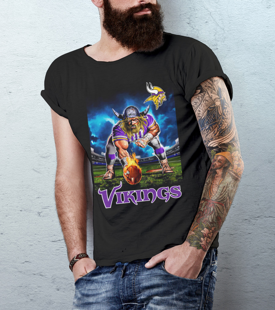 Minnesota Vikings 3 Point Stance Nfl Viking Warrior With Helmet And Football In Stadium Nfl T-Shirt