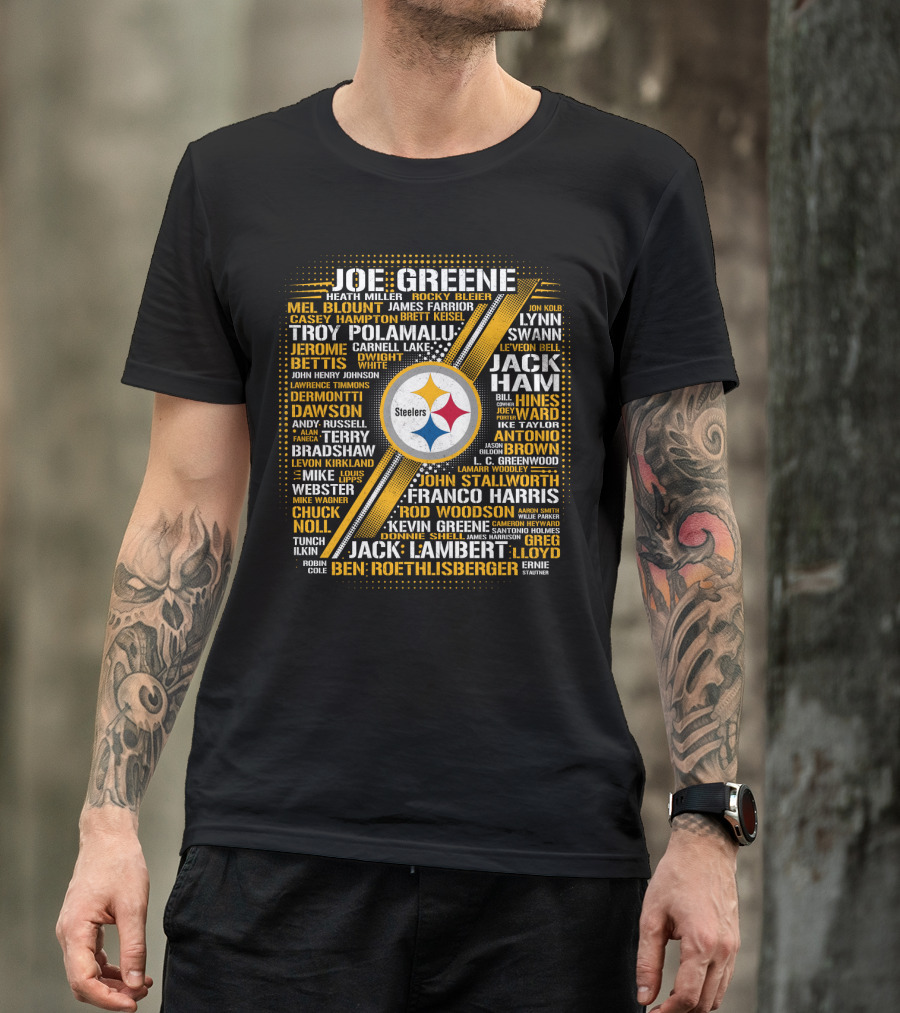 Joe Greene Troy Polamalu Jerome Bettis Steelers Iconic Names Collage T-Shirt