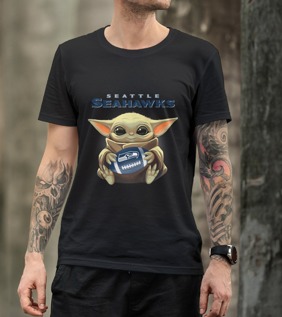 Seattle Seahawks Baby Yoda Holding Seahawks Football T-Shirt