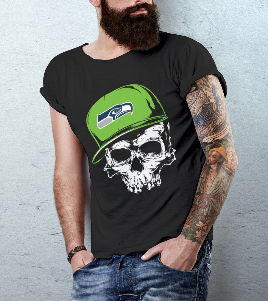 Seattle Seahawks Skull With Green Hat T-Shirt
