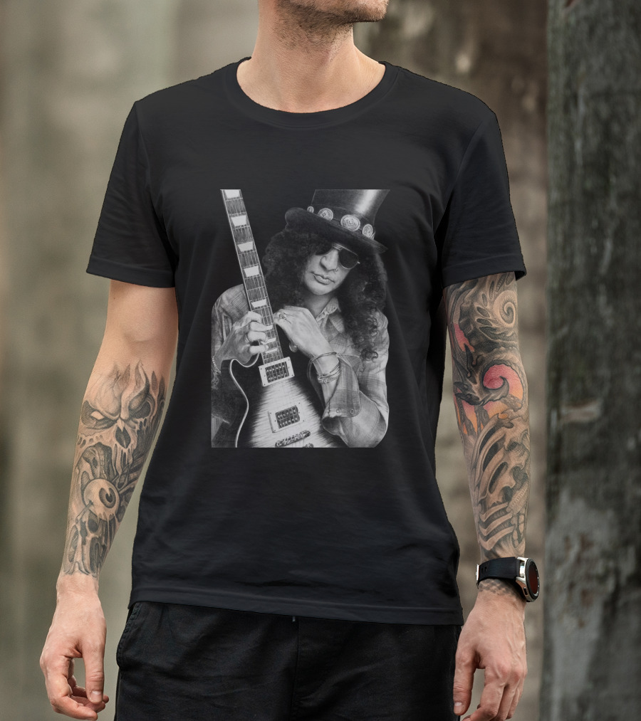 Guns N' Roses Slash With Guitar Iconic Black And White T-Shirt