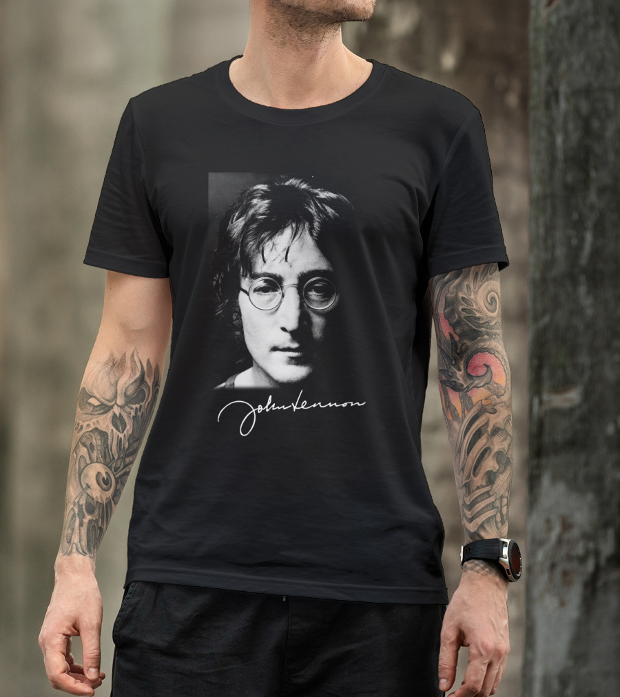 John Lennon Black And White Portrait With Signature T-Shirt