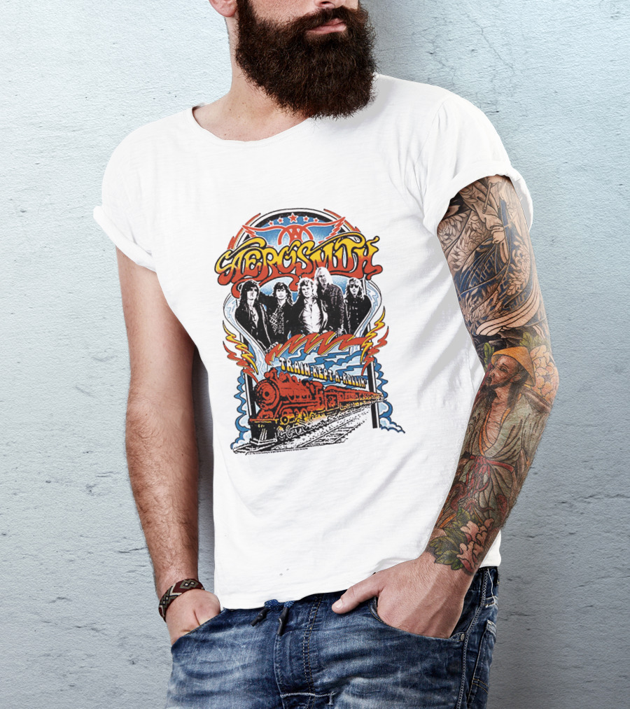 Aerosmith Train Kept A Rollin' Retro Band Graphic With Train And Stars T-Shirt