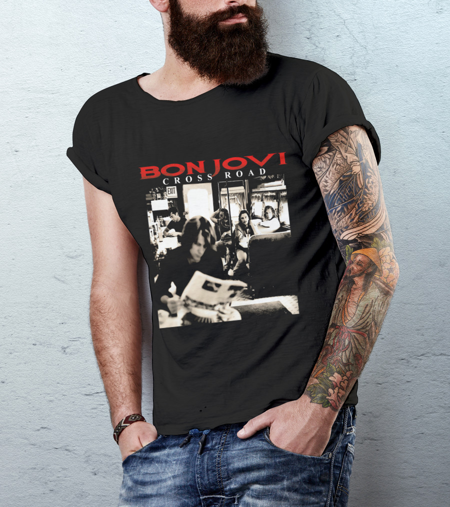 Bon Jovi Cross Road Album Cover Black And White Café Scene T-Shirt