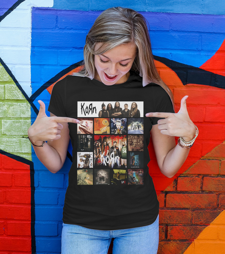 Korn Greatest Hits Collection Featuring Classic Album Covers And Band Members T-Shirt