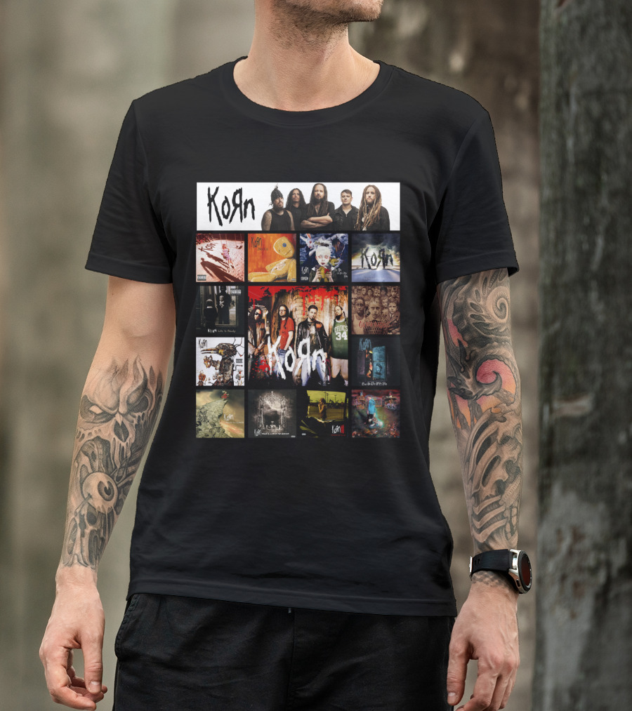 Korn Greatest Hits Collection Featuring Classic Album Covers And Band Members T-Shirt