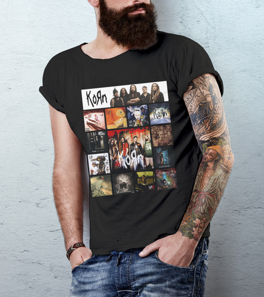 Korn Greatest Hits Collection Featuring Classic Album Covers And Band Members T-Shirt