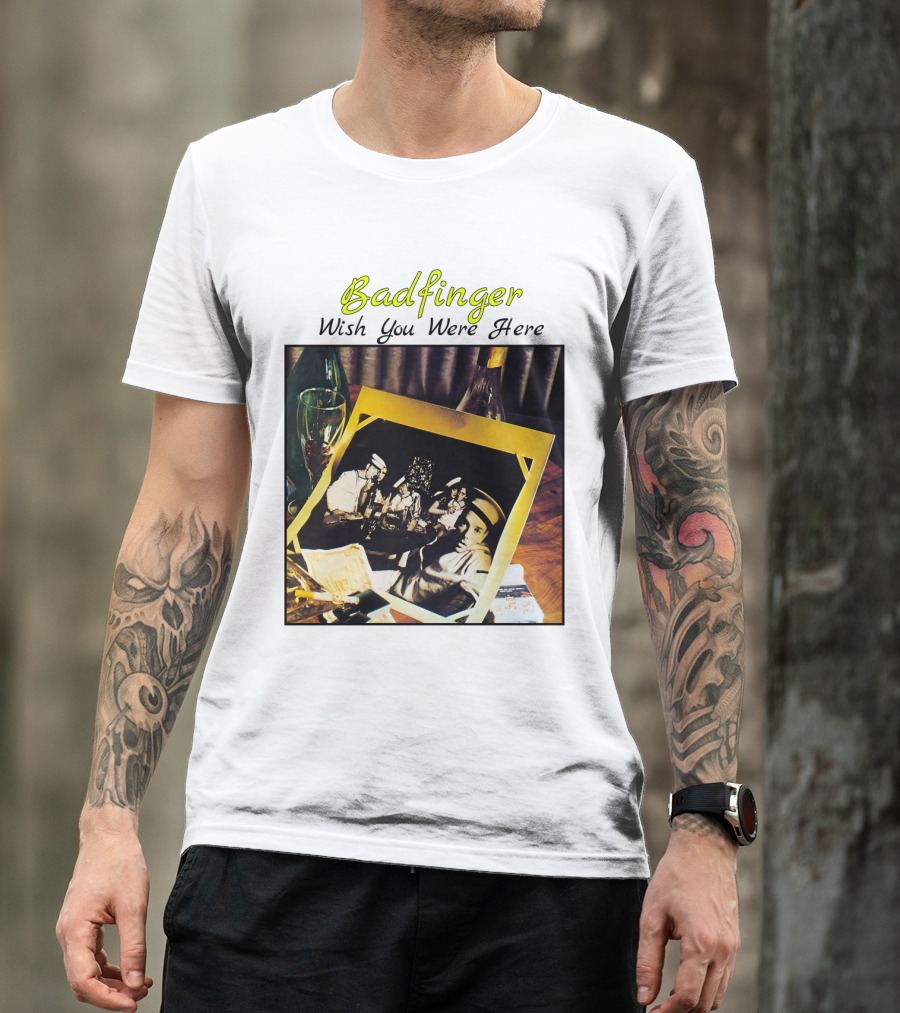 Badfinger Wish You Were Here Album Art Photographic Table Setting With Drinks And Photographs T-Shirt