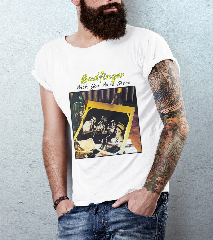 Badfinger Wish You Were Here Album Art Photographic Table Setting With Drinks And Photographs T-Shirt