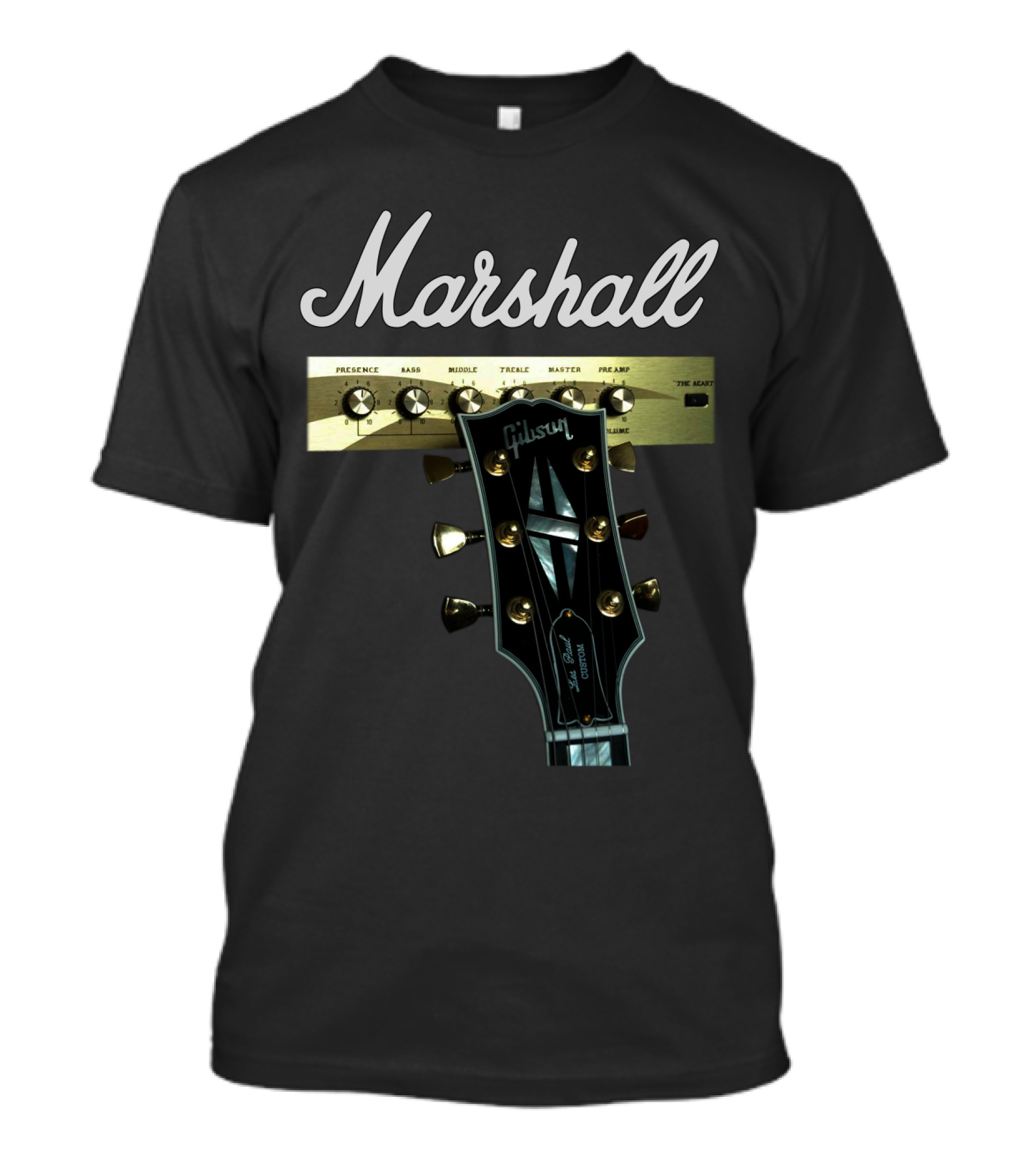 Marshall Amplification Gibson Guitar Headstock Presence Bass Treble Master Peavey T-Shirt