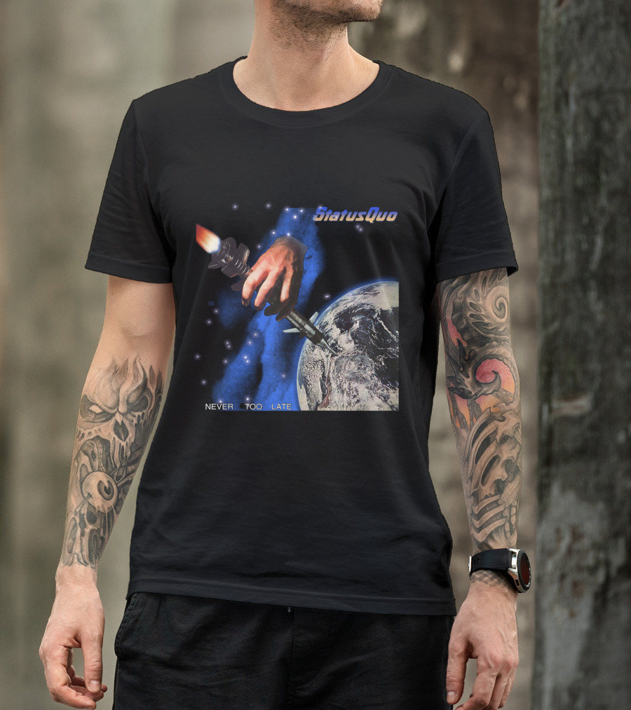 Status Quo Never Too Late Album Cover Space Hand Rocket Earth T-Shirt