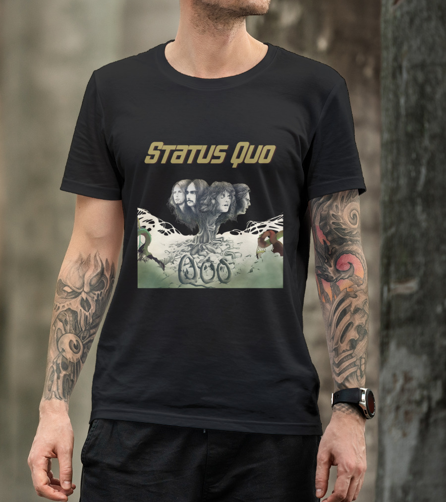 Status Quo Band Faces Tree Imagery With Members' Portraits T-Shirt