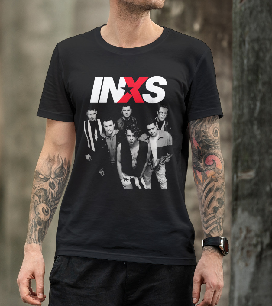 Inxs Band Black And White Group Photo With Red T-Shirt