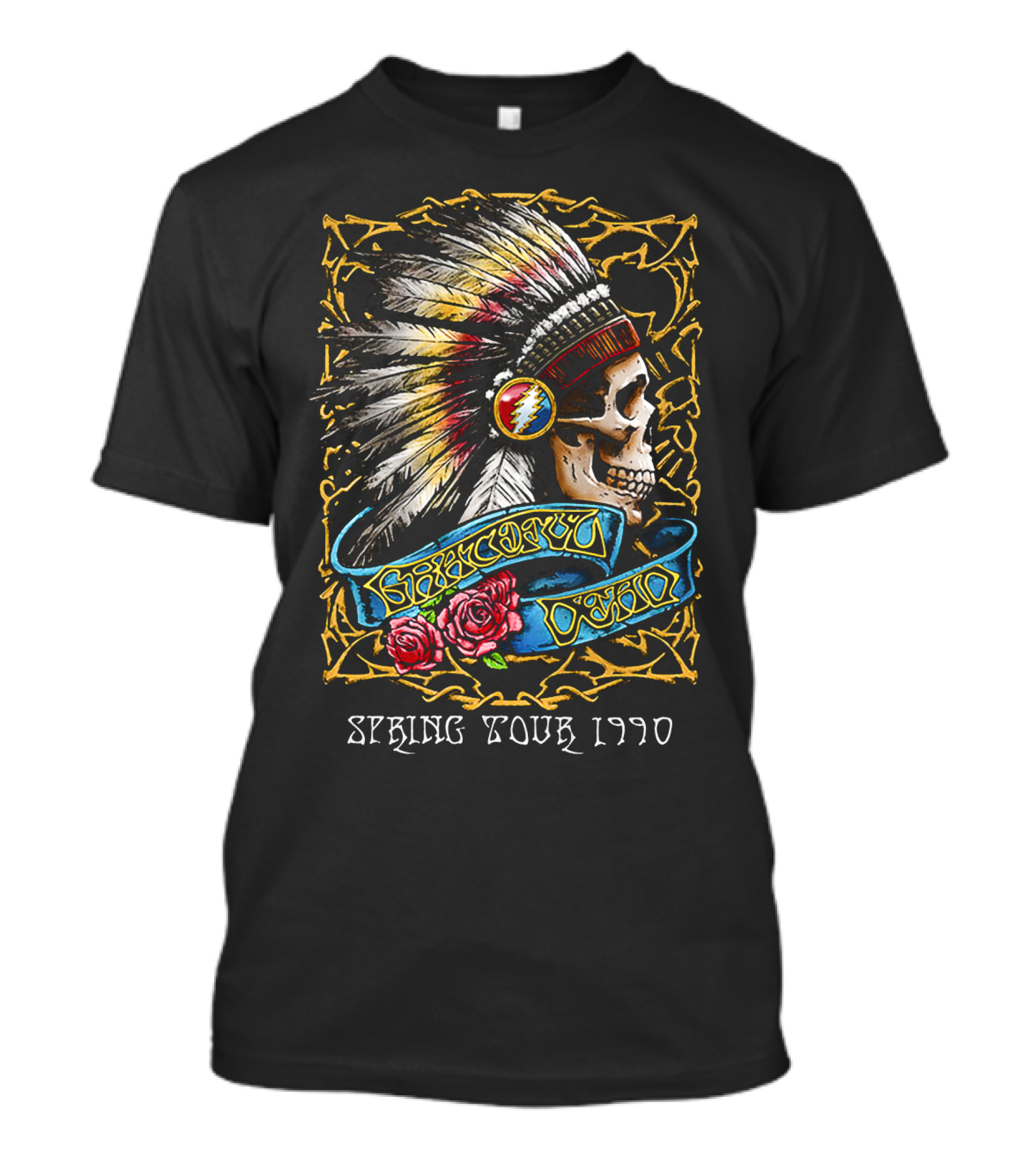 Grateful Dead Spring Tour 1990 Native American Skull And Roses T-Shirt