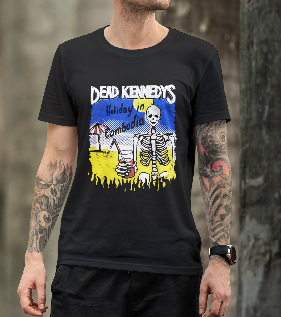 Dead Kennedys Holiday In Cambodia Skeleton Drink Umbrella Scene T-Shirt