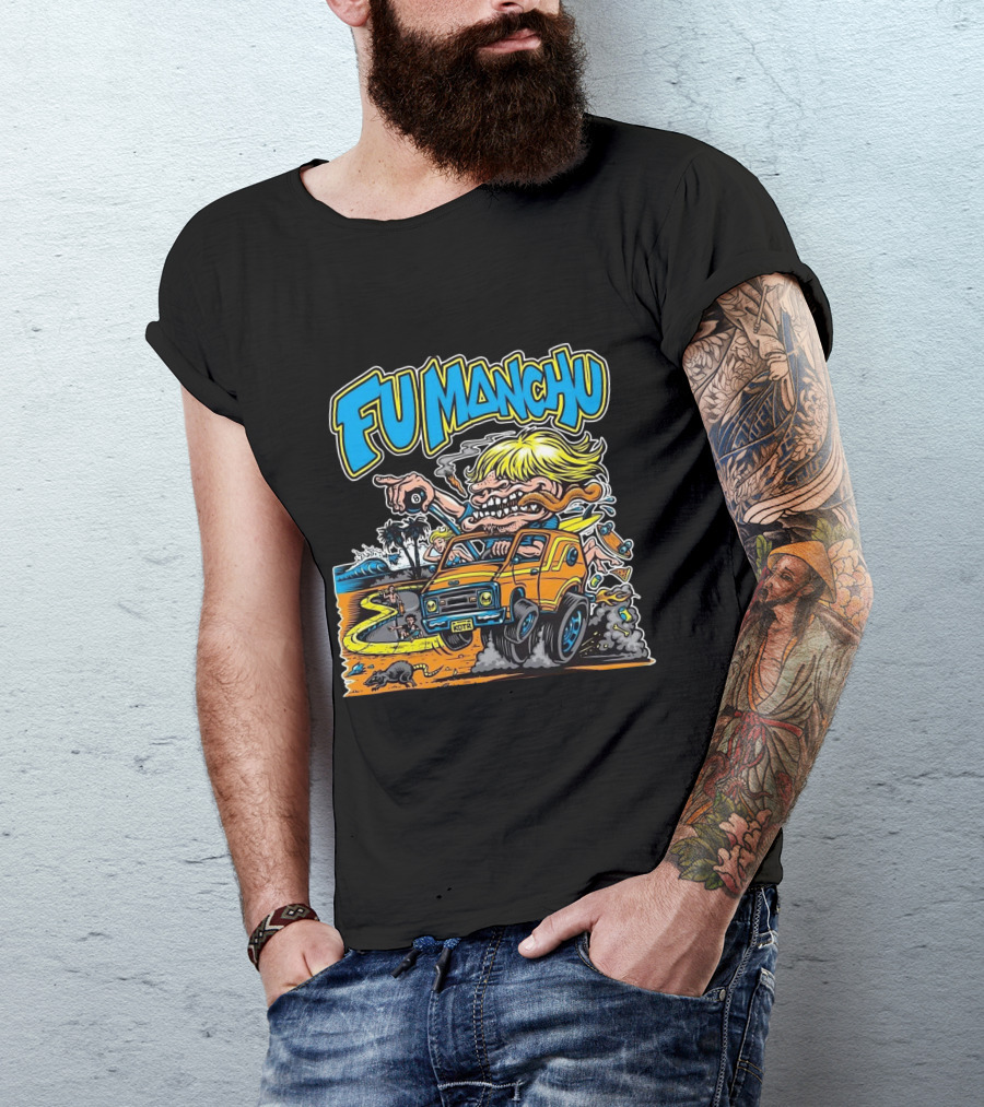 Fu Manchu Surf Adventure Vintage Car Beach Scene T-Shirt