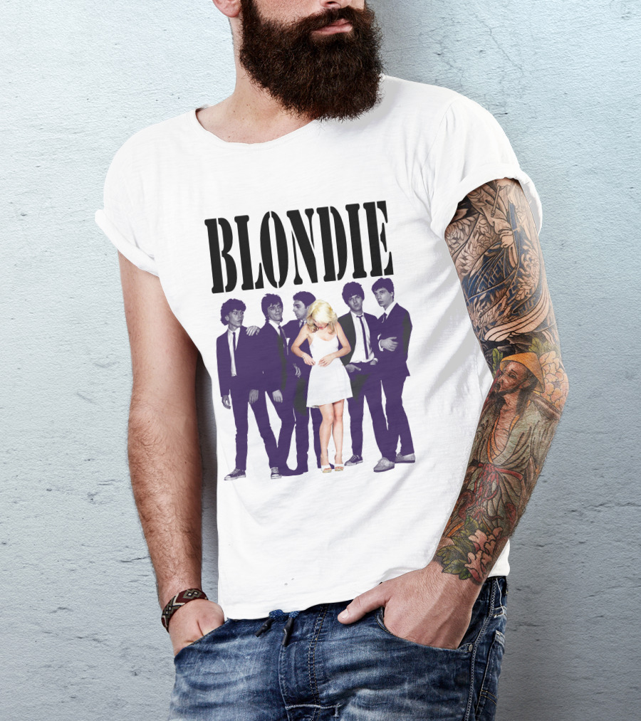 Blondie Band Classic Group Pose Black And White Borderline White Dress T-Shirt