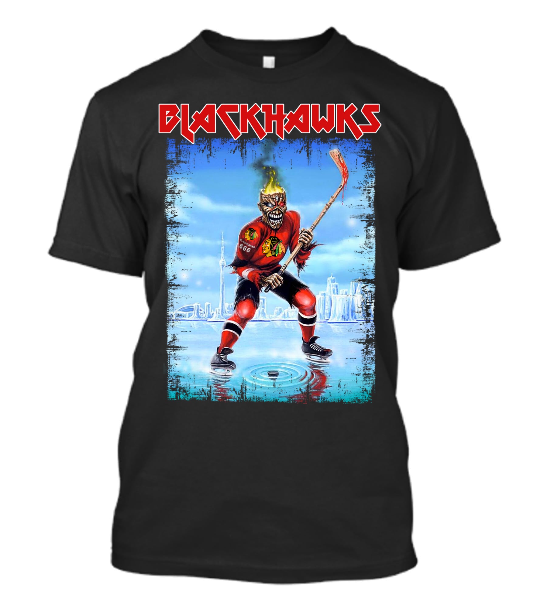Blackhawks Hockey Player With Fiery Head And Stick T-Shirt