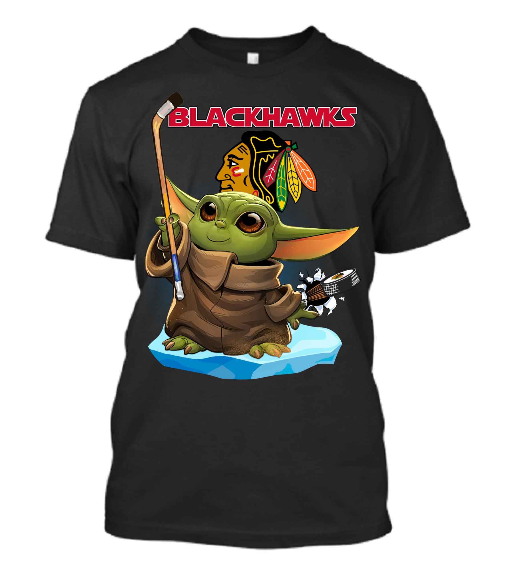 Baby Yoda Blackhawks Hockey Stick And Puck T-Shirt