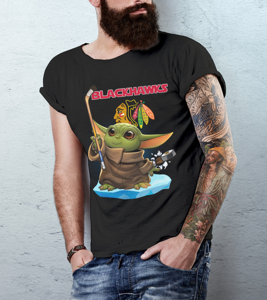 Baby Yoda Blackhawks Hockey Stick And Puck T-Shirt