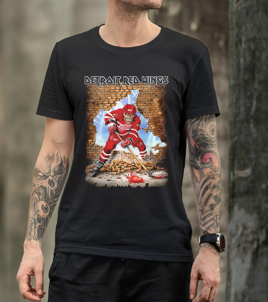 Detroit Red Wings Brick Wall Skeleton Hockey Player With Red Jersey And Ice Stick T-Shirt