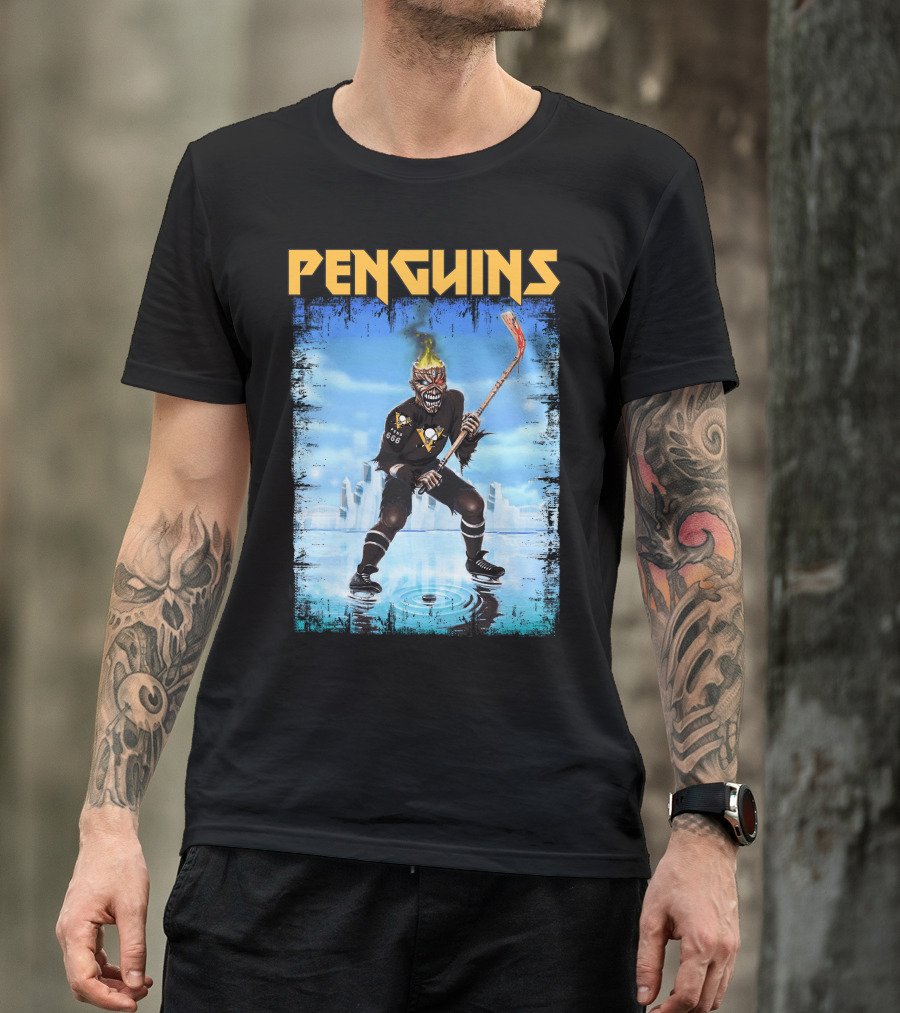 Penguins Hockey Skeleton With Flaming Skull And Hockey Stick In Pittsburgh Skyline T-Shirt